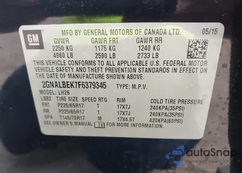 2015 Chevrolet Equinox 1Lt from USA, damaged, VIN 2GNALBEK7F6379345